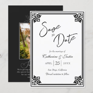Save The Date Art déco moderne Peacock noir blanc Mariage photo