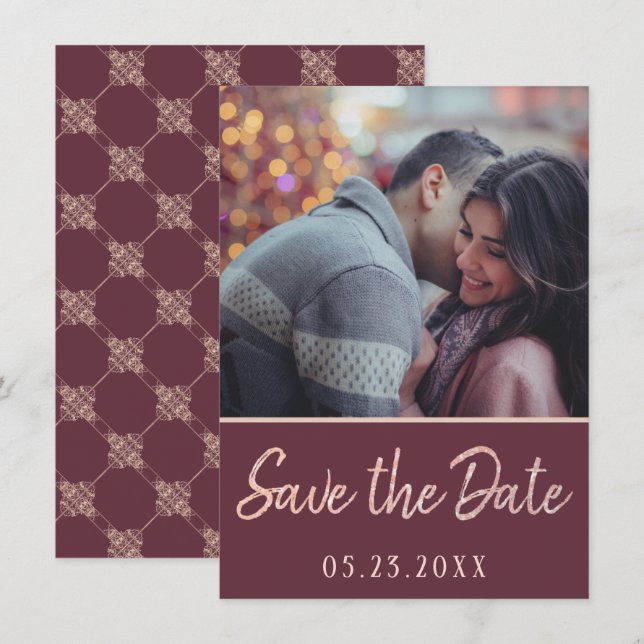 Save The Date Art déco Nouveau | Burgundy Rose Gold Blush Photo (Devant / Derrière)