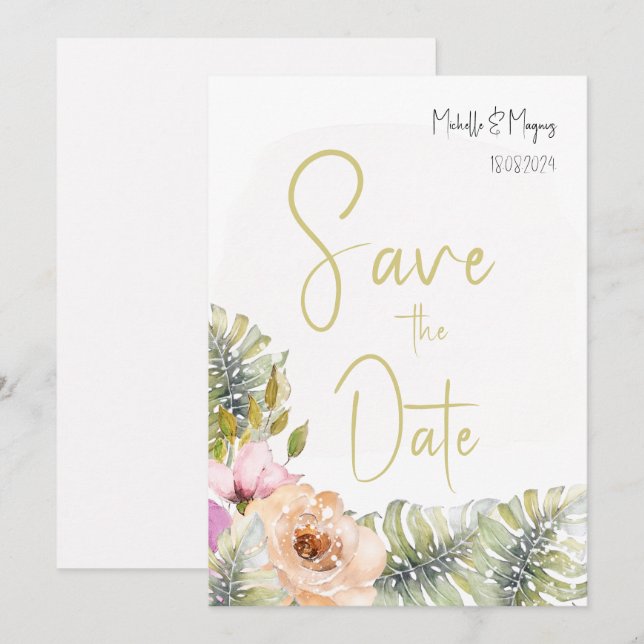Save The Date Art floral aquarellisé Boho Monstera tropical (Devant / Derrière)
