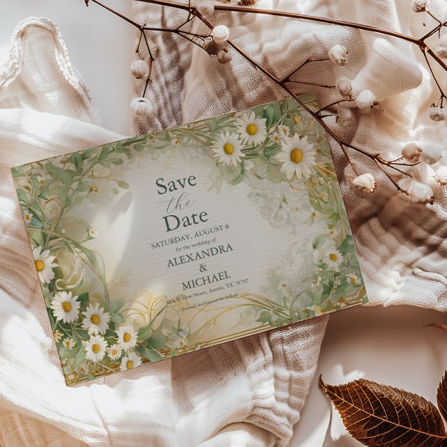 Save The Date Art Nouveau Daisies Vert ivoire Mariage Sauvez La  (Créateur téléchargé)