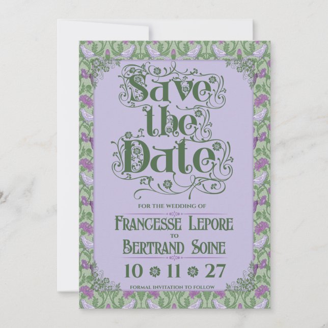 Save The Date Art Nouveau Élégants Inséparables Lavande (Devant)
