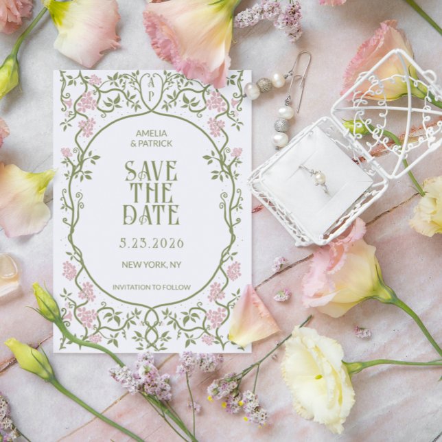 Save The Date Art Nouveau Floral Mariage vert et rose (Créateur téléchargé)