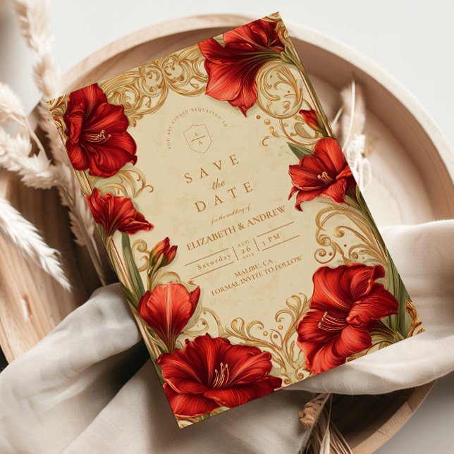 Save The Date Art Nouveau Red Amaryllis Mariage (Créateur téléchargé)