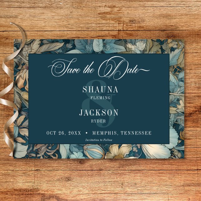 Save The Date Art Nouveau Turquoise William Morris Floral Mariag (Art Nouveau Teal William Morris Floral Wedding Save The Date)