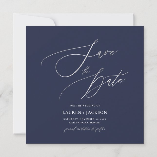 Save The Date ArtsApp Faux Silver Calligraphie Marine Blue (Devant)
