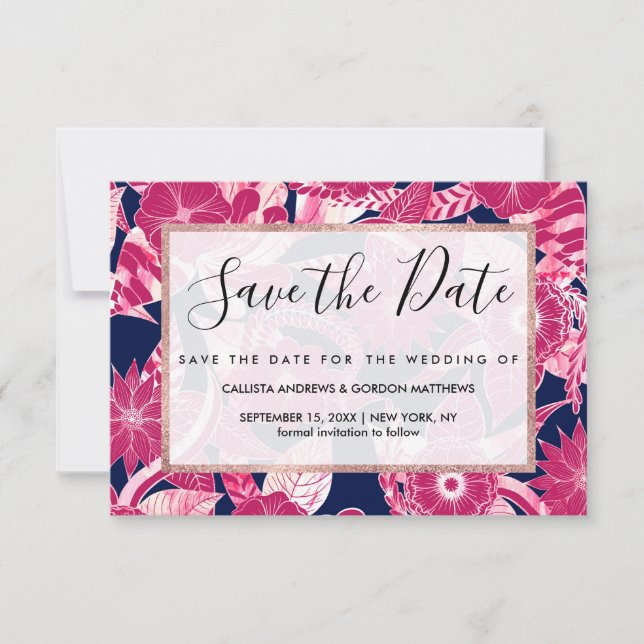 Save The Date Artsy Moderne Fuschia Marine Acrylique Feuilles fl (Devant)