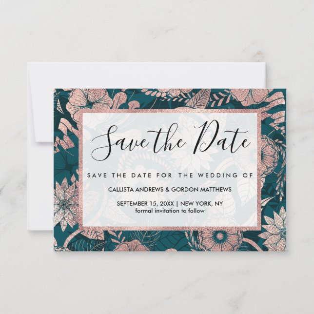 Save The Date Artsy Moderne Rose Or Emerald Green Flowers (Devant)