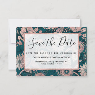 Save The Date Artsy Moderne Rose Or Emerald Green Flowers