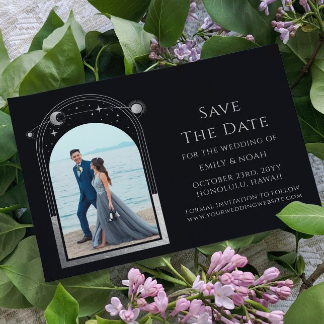 Save The Date Astronomie mystique en argent noir soleil lunaire (Créateur téléchargé)