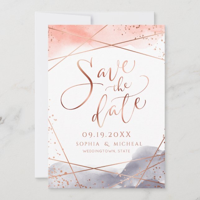 Save The Date Aube en or rose Calligraphie géométrique aquarelle (Devant)