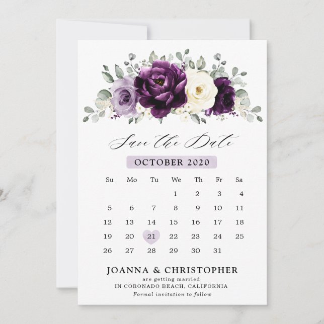 Save The Date Aubergine Plum violet Ivory Blanc Floral Calendrie (Devant)