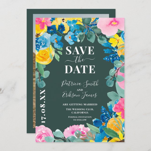Save The Date audacieux mariage floral d'été enregistrer la date (Devant / Derrière)