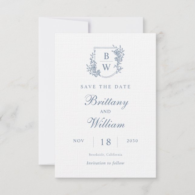 Save The Date [AURORA] Mariage de monogramme de crête bleue Vint (Devant)