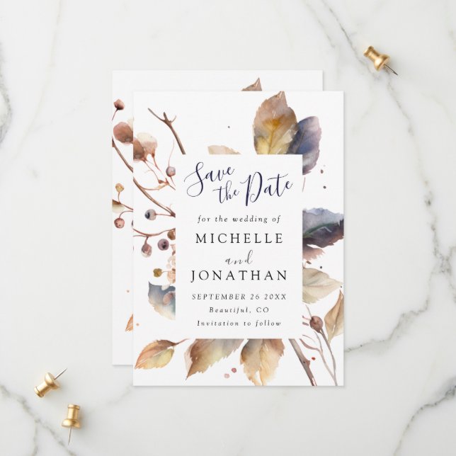 Save The Date Automne Bleu Or Feuilles Aquarelle Christian Maria (Devant/Arrière en situation)