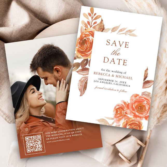 Save The Date Automne Brûlé Orange Floral Terracotta Mariage pho (Créateur téléchargé)