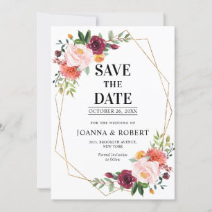 Save The Date Automne Burgundy Blush Floral Mariage géométrique