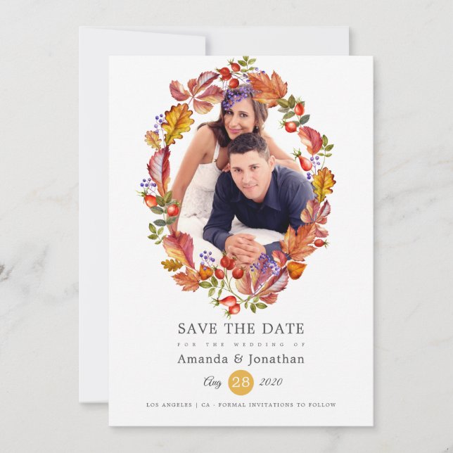 Save The Date Automne - Feuilles Aquarelle Photo Mariage (Devant)
