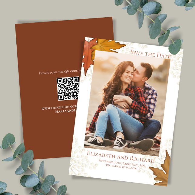 Save The Date Automne Feuilles photo Mariage Enregistrer la date (Watercolor fall leaves elegant save the date photo cards.)