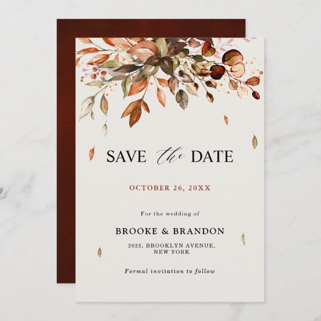 Save The Date Automne Feuilles Russe Pays Boho Mariage (Devant / Derrière)