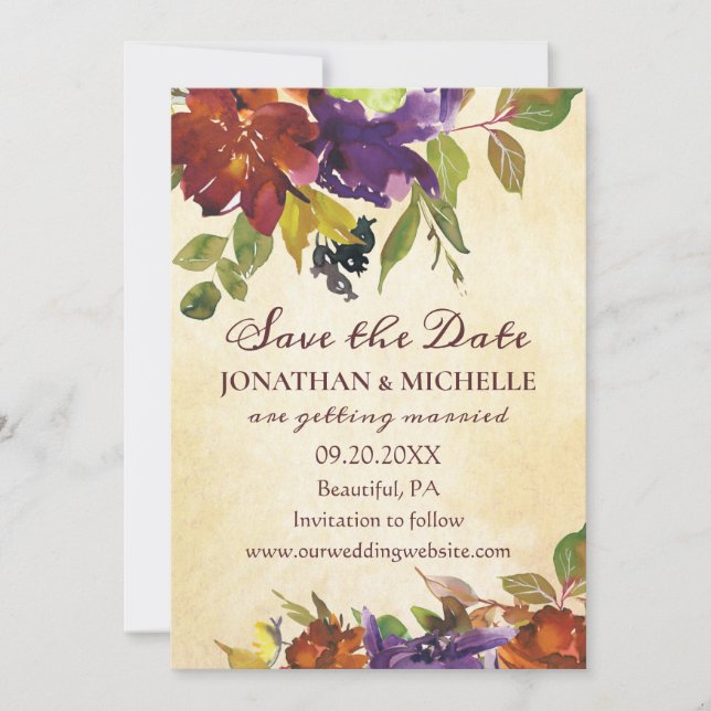 Save The Date Automne Floral Purple Orange Mariage Inspirant (Devant)