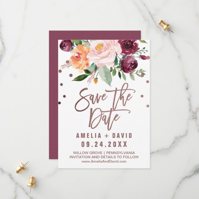 Save The Date Automne Floral | Rose Gold Light Enregistrer la ca (Devant/Arrière en situation)