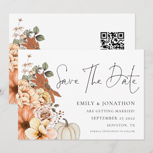 Save The Date Automne Florals Citrouille QR Code Mariage (Devant / Derrière)