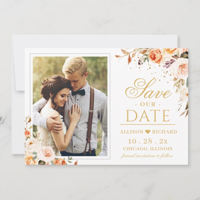 Save The Date Automne Gold Floral Bohemian Chic Photo Mariage (Devant)