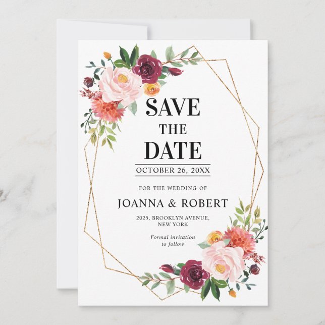 Save The Date Automne Mariage géométrique floral Burgundy Blush (Devant)
