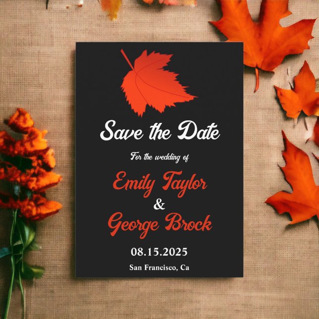 Save The Date Automne Noir Et Blanc Rouge Feuille Mariage de aut (Créateur téléchargé)