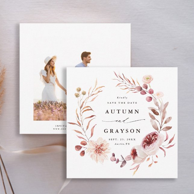 Save The Date Automne Romance Floral Wreath Mariage Photo (Front & Back)