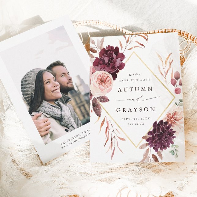 Save The Date Automne Romance Gold Frame Bourgogne Mariage Photo (Front & Back)