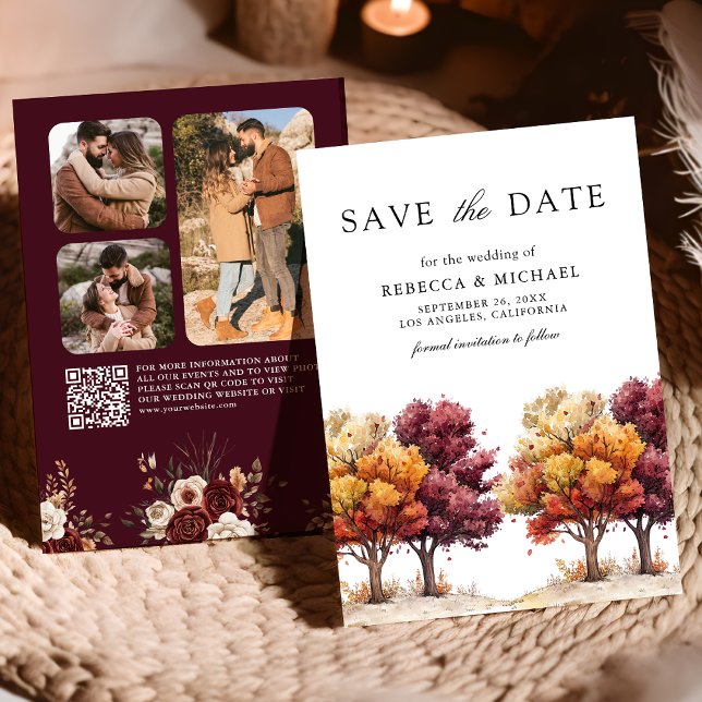 Save The Date Automne Tomber Arbres Bourgogne Code QR Photo Mari (Créateur téléchargé)