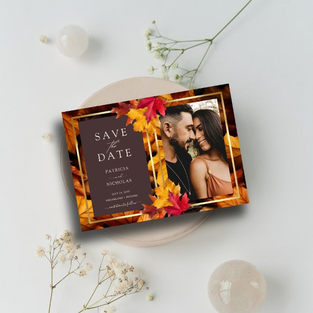 Save The Date Automne Woody Brown & Elegant Golden Frame Mariage (Créateur téléchargé)