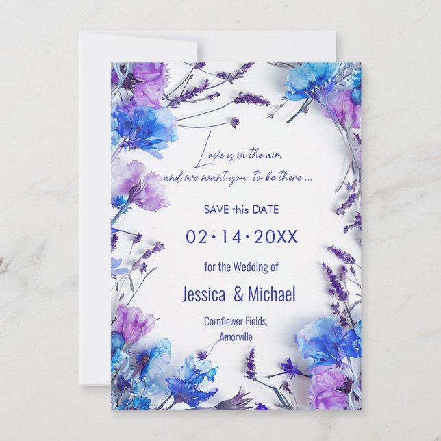 Save The Date 💍 avec code QR Cornflowers et Lavender Elegance (Devant)