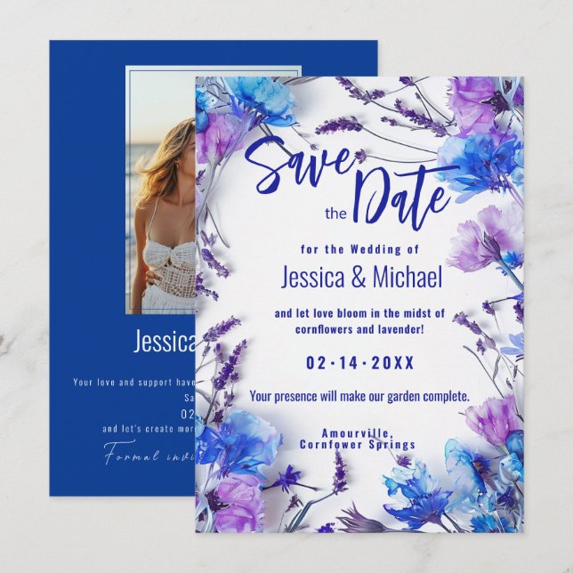 Save The Date Avec la photo Cornflowers et Lavender Elegance (Devant / Derrière)