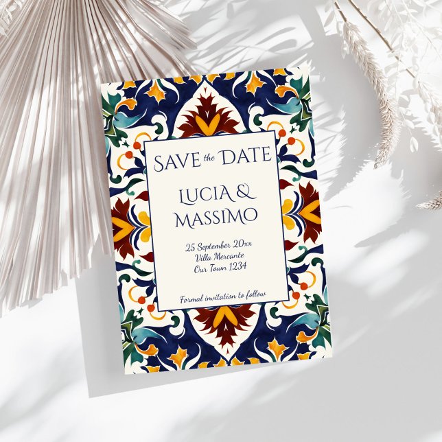 Save The Date Azulejo bleu portugais méditerranéen (Azulejo blue Portuguese Mediterranean wedding ornate vintage bohemian tiles Save The Date)