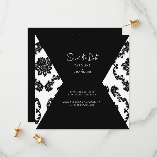 Save The Date B/W Damask Photo Wedding Enregistrer La Date (Devant/Arrière en situation)