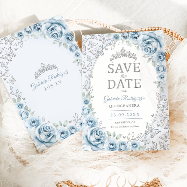 Save The Date Baby Blue Fleurs Argentées Quinceanera (Créateur téléchargé)