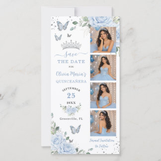 Save The Date Baby Blue Floral Silver Photomaton Quinceanera