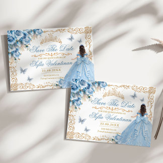 Save The Date Baby Blue Or Quinceanera Florale Dorée