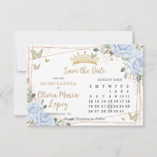 Save The Date Baby Blue Roses Floral Gold Quinceañera Calendar