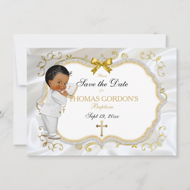 Save The Date Baby Boy Baptism Enregistrer Date Croix d'Or Blanc (Devant)