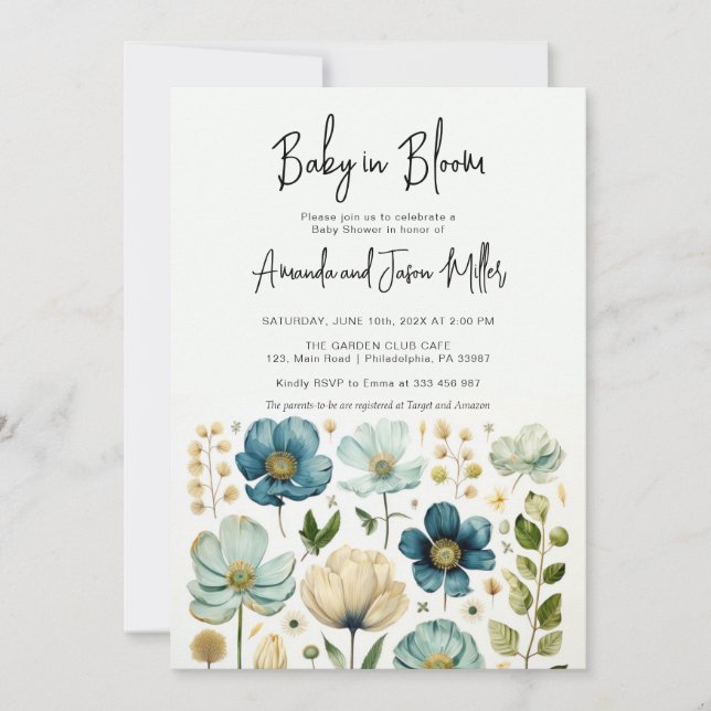 Save The Date Baby in Bloom Baby shower Blue Boy Flowers (Devant)