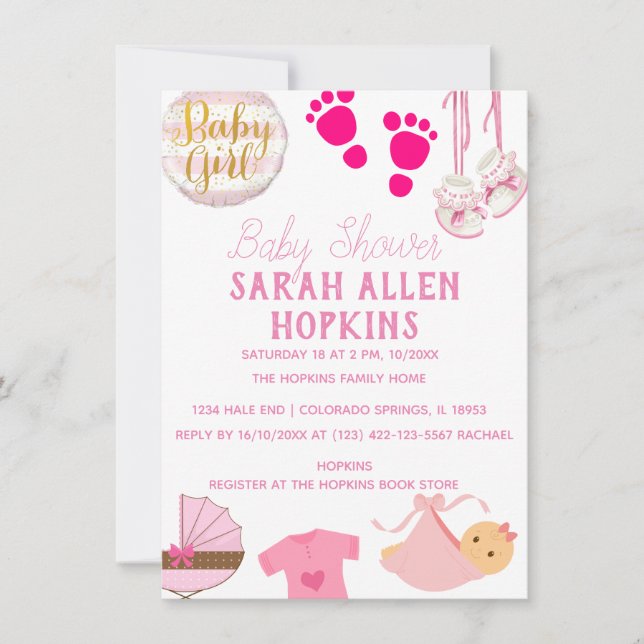 Save The Date Baby shower | Baby Girl rose moderne (Devant)
