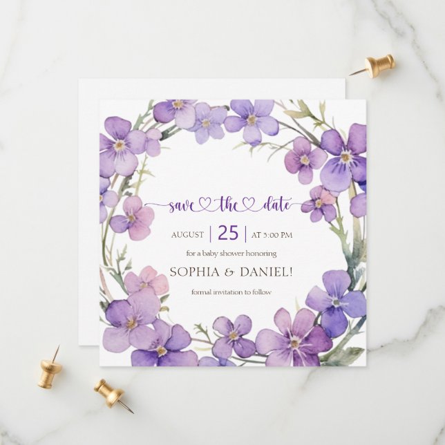 Save The Date Baby shower de fleurs de violet délicates au print (Devant/Arrière en situation)