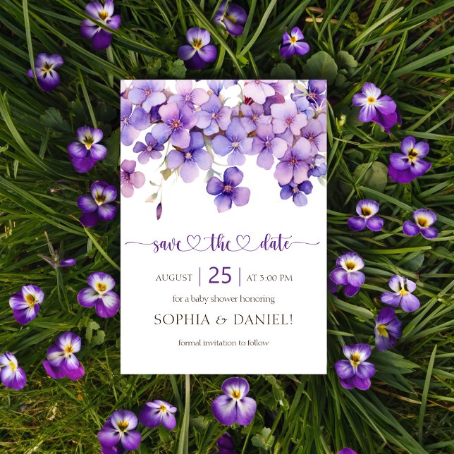 Save The Date Baby shower de fleurs de violet délicates au print (Spring Delicate Violet Flowers Baby Shower Save The Date)