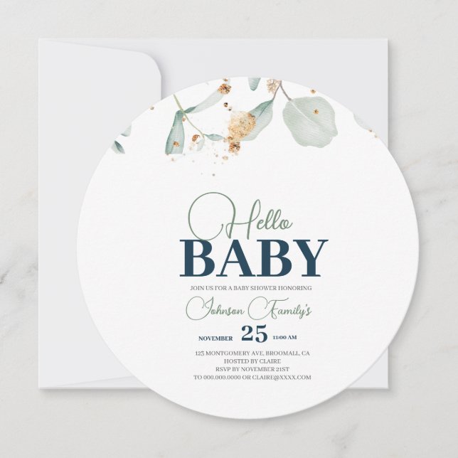 Save The Date Baby shower de verdure Invitation, fleur d'Eucalyp (Devant)