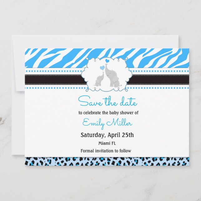 Save The Date Baby shower éléphant enregistrer la date bleu noir (Devant)