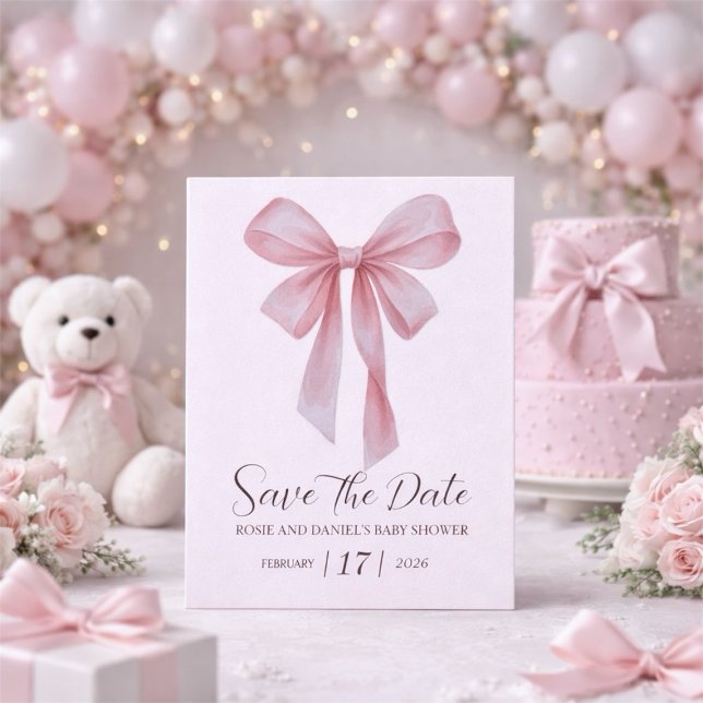 Save The Date Baby Shower Fille Arc en Rose Douce (Soft Pink Bow Girl Baby Shower Save The Date)