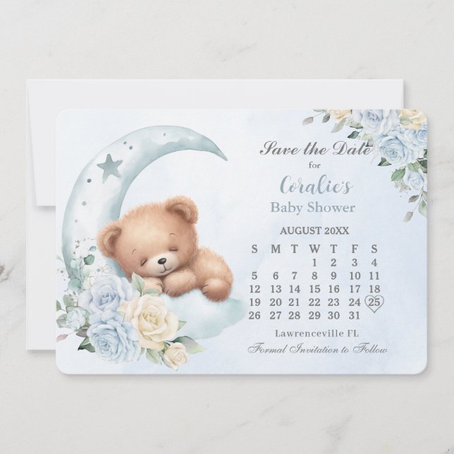 Save The Date Baby shower Floral Bleu Lune Bleu Lune (Devant)